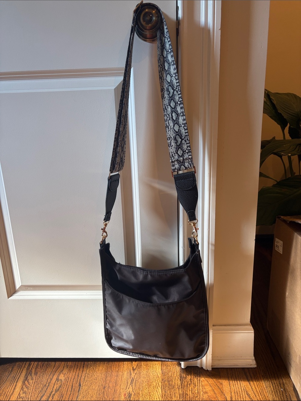 Black Shoulder Bag with Snake-Print Strap